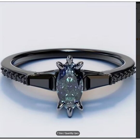 Marquise Cut Alexandrite Engagement Wedding Stacked 2 Ring Set in Rhodium - Picture 3 of 6